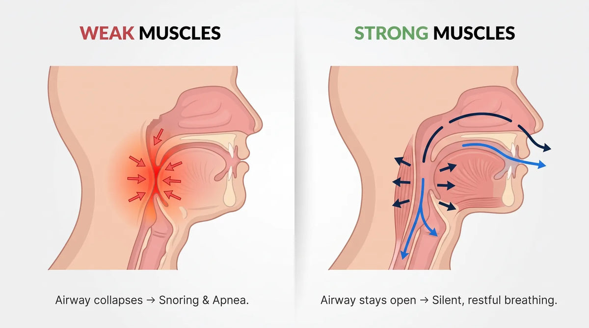 Weak throat muscles collapse the airway, strong muscles keep it open