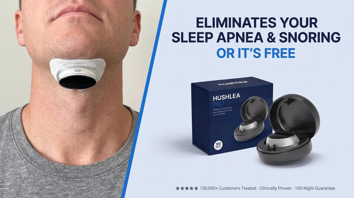 Hushlea Pro worn under the chin, with its box and charging case