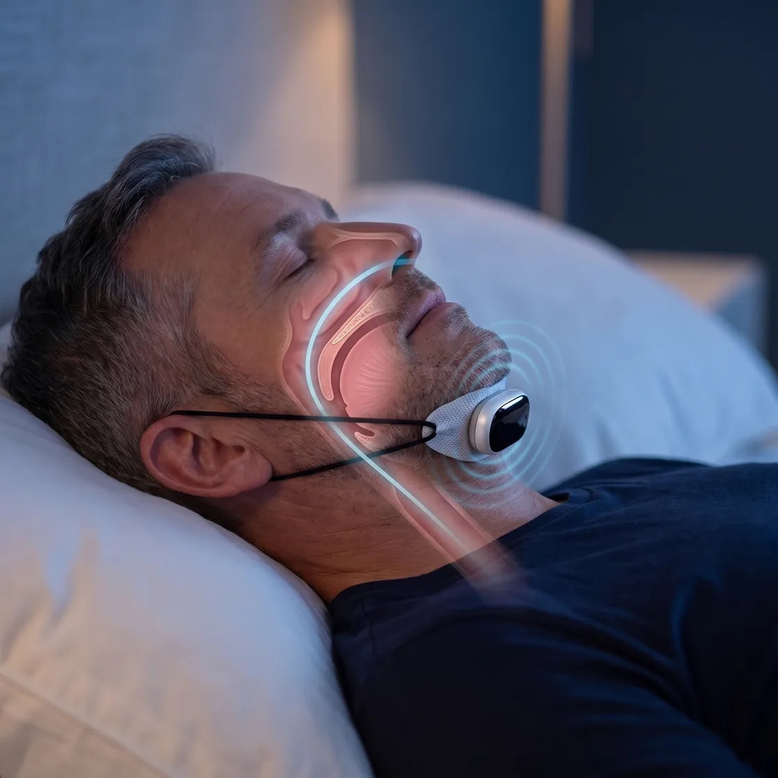 Man asleep wearing Hushlea Pro under his chin, his airway shown open from nose to throat