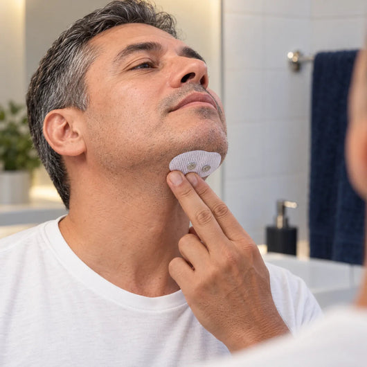 A man pressing a fresh patch under his chin in front of the mirror